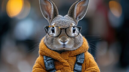 Wall Mural - Rabbit wearing glasses and an orange sweater poses in a bustling urban environment during the day