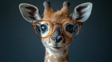 Wall Mural - A young giraffe wearing stylish glasses poses against a dark background, showcasing a playful and charming expression