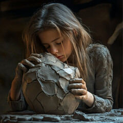 a girl tries to mold an ugly crumpled vase in a clay workshop, she succeeds poorly and crookedly