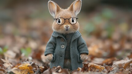 Wall Mural - A charming rabbit dressed in a coat and glasses stands among fallen autumn leaves during a peaceful afternoon