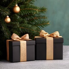 Elegant black gift boxes with gold ribbons under a Christmas tree