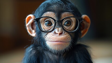 Wall Mural - A young monkey wearing glasses looking curiously at the camera indoors during the daytime