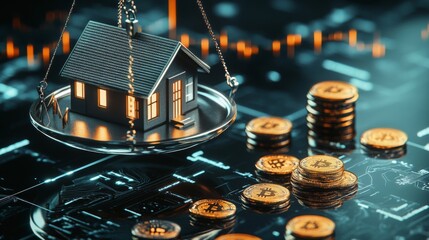 Aufkleber - A model house is delicately balanced on a scale, surrounded by stacks of gold coins and cryptocurrency tokens. The setting features a dark, technological background, reflecting modern finance.