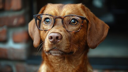 Canvas Print - A thoughtful dog wearing glasses sitting in front of a brick wall during daylight hours