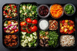 © sharafmaksumov - An Overhead View Of A Variety Of Airline Meal Options Laid Out On A Tray, Including Vegetarian And Non-Vegetarian Choices, Accompanied By Small Condiments And A Drink
