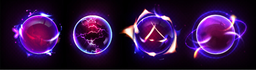 Wall Mural - blue and purple magic glowing balls with light effect. realistic 3d vector illustration set of fanta