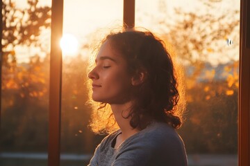 Peaceful woman enjoying sunset light with eyes closed