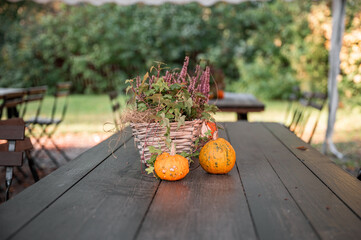 autumn bouquet and pumpkins on wooden table in garden