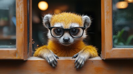 Wall Mural - A curious raccoon wearing glasses peeks through an open window in a cozy room during the afternoon light