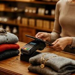 Store checkout with folded sweaters and payment terminal