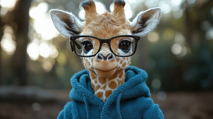 Canvas Print - A young giraffe wearing glasses and a hoodie poses playfully in a sunny forest during a cheerful afternoon