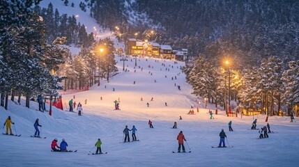 A snowy ski slope at night, lit by streetlights, with skiers and snowboarders enjoying the slopes, with buildings in the background.