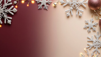 Festive winter background with sparkling snowflakes, Christmas ornaments, and warm fairy lights on a gradient surface