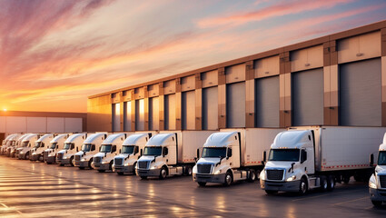 Trucks in a distribution warehouse at sunset. Transportation and logistics concept