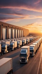 Trucks in a distribution warehouse at sunset. Transportation and logistics concept