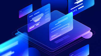 Abstract digital interface with floating translucent panels on dark background