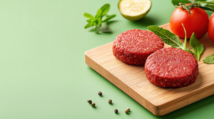 Close up of plant based meat patties on wooden board with fresh tomatoes and herbs, showcasing vibrant and healthy meal option