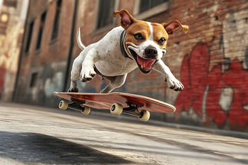 Wall Mural - A joyful dog skateboarding in an urban setting, showcasing playfulness and agility.