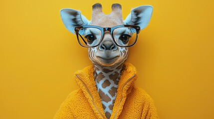 Canvas Print - A cheerful giraffe wearing glasses and a cozy sweater poses against a bright yellow background in a playful and whimsical setting