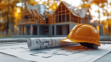 Building Plans with Construction Helmet. Construction site featuring detailed blueprints and a safety helmet, symbolizing the planning and development of modern architecture in real estate projects.