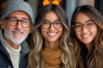 Three women with glasses and one man with a hat. The man is smiling and the women are smiling. Team photography portrait glasses