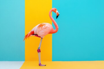 A pink flamingo standing gracefully on one leg against a vibrant blue and yellow background in an artistic setting