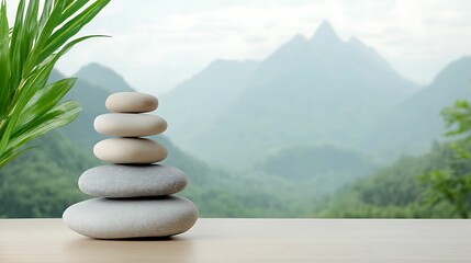 Wall Mural - Serene stacking of smooth stones against a majestic mountain background in nature's tranquility