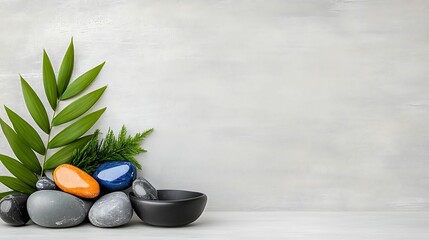 Canvas Print - a serene composition of colorful stones and green leaves perfect for tranquil home decor and natural