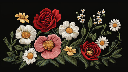 Wall Mural - This design features embroidered flowers like roses, poppies, daisies, and gerberas. It's perfect for making fabric patterns, stickers, or patches for clothing.