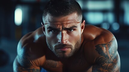 A muscular man with a determined look. Perfect for fitness, health, and strength advertising.