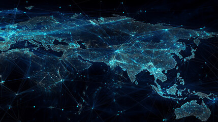 A world map made up of dots, lines, and connections shows how the globe is linked. The map focuses on Asia, with blue highlights for China, India, and Japan. It uses a geometric style with triangles.