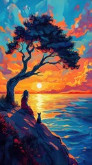 Wall Mural - A serene sunset scene with a person and a cat by the water, surrounded by vibrant colors.