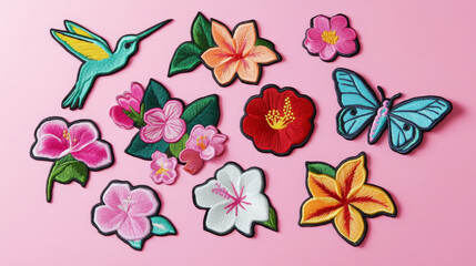 this set includes embroidered patches with unicorn, flower, hummingbird, butterfly, and tropical blo