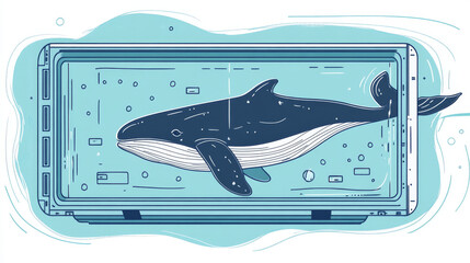 Wall Mural - a simple sketch shows a whale swimming inside a computer container.represents a developer using dock
