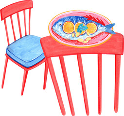 Steamed fish with lemon on a dining table set with red chairs, hand-drawn watercolor painting illustration