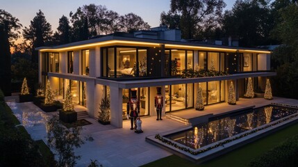 Aufkleber - This modern house showcases festive holiday decorations at twilight, featuring elegant lights, a reflecting pool, and neatly arranged Christmas trees along the walkway. Nutcracker figures add charm.