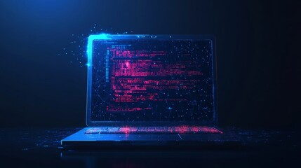 Abstract programming code icon on a laptop screen in light blue low poly futuristic style on technology background. Program and software development. Digital web code. Polygonal.