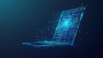 Abstract programming code icon on a laptop screen in light blue low poly futuristic style on technology background. Program and software development. Digital web code. Polygonal.