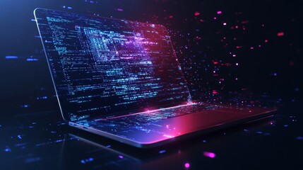 Abstract programming code icon on a laptop screen in light blue low poly futuristic style on technology background. Program and software development. Digital web code. Polygonal.