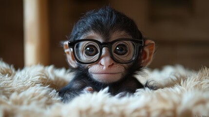 Wall Mural - A curious baby monkey with oversized glasses lounging in a cozy setting during midday light