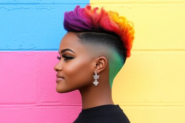 Wall Mural - Woman with pink hair and a nose piercing. She has a pink and yellow background. The woman has a very bold and confident look. Young woman with shaved sides and brightly colored hair posing in profile