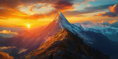 Mountain peak sunset with clouds.