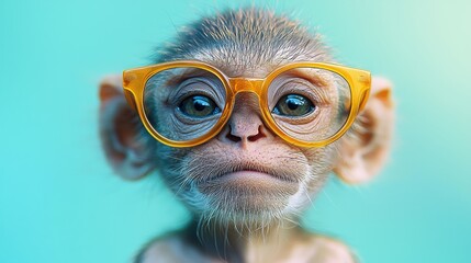 Wall Mural - A curious monkey wearing yellow glasses gazes intently at the camera against a soft blue background