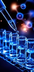 Laboratory scene with pipette dropping liquid into test tubes, blue lighting and background, scientific innovation.