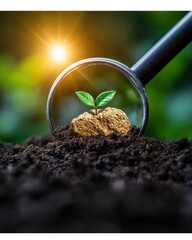 Wall Mural - Magnifying glass revealing a sprouting plant in soil, symbolizing growth and nature.