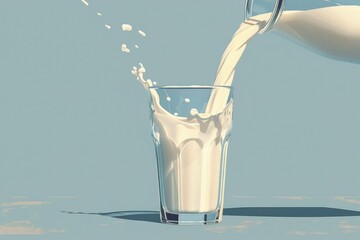 Milk being poured into a glass against a blue background. Macro photograph of milk pouring in to glass with milk create splashing motion with blue background image. Food and beverage concept. AIG51.