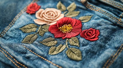 Wall Mural - A close-up view of a pair of blue jeans with a 3D design of embroidered flowers. The design features a patch with roses and poppies.