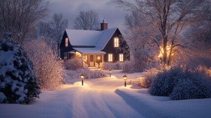 A charming house rests in a tranquil snowy landscape during the evening. Soft light glows from the windows and lampposts, creating a warm atmosphere amid the cold winter surroundings.