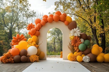 Wall Mural - A large archway made of orange and brown balloons