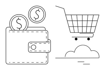 A wallet with two coins and a shopping cart, ideal for themes like e-commerce, online shopping, finance, budgeting, and saving. The minimalistic black and white style emphasizes simplicity